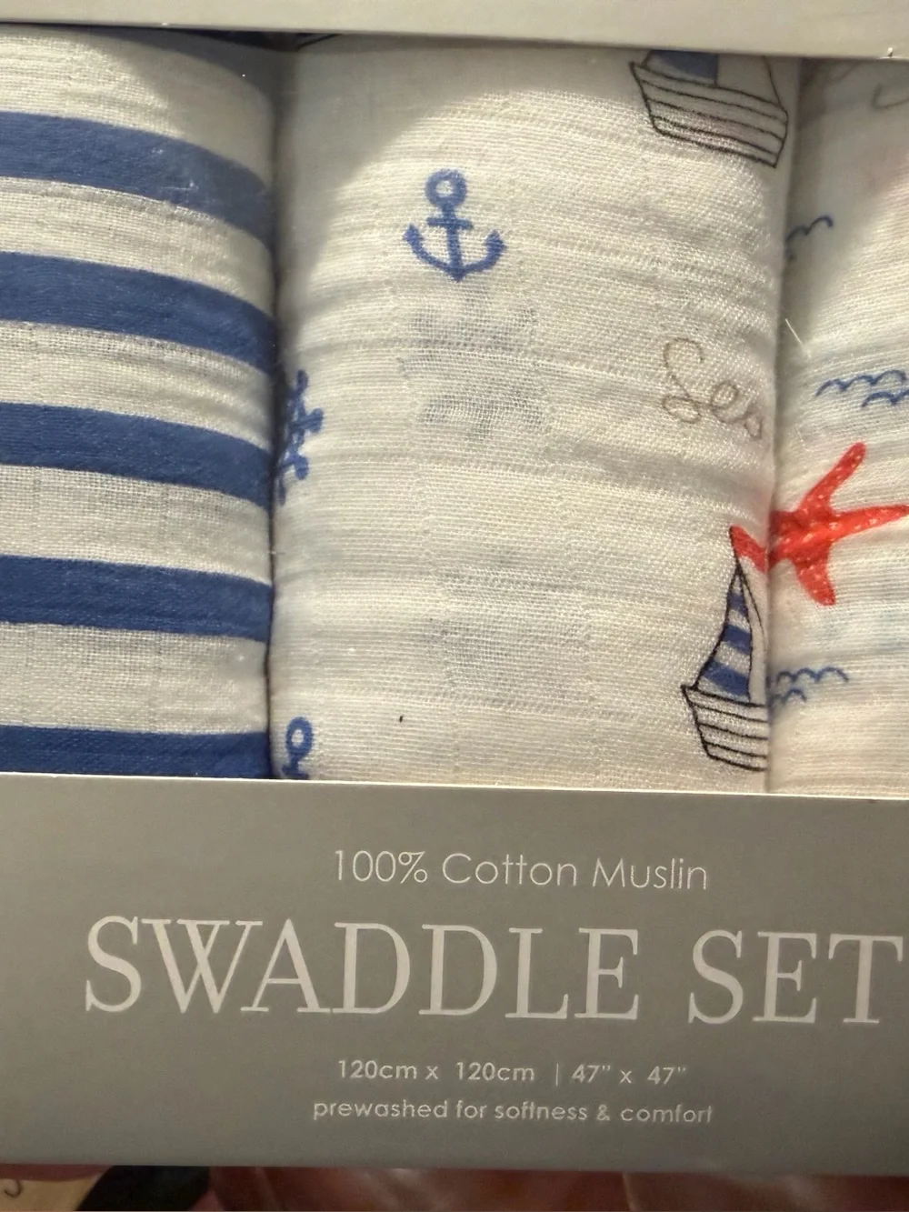 New 3-Pack Baby 100% Cotton Muslin Swaddle Blankets 47x47 Nautical Reya Rosetti